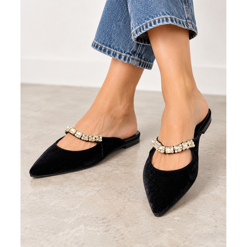 J Crew Womens Velvet Rhinestone Embellished Pointed Toe Mules Size 10 Black